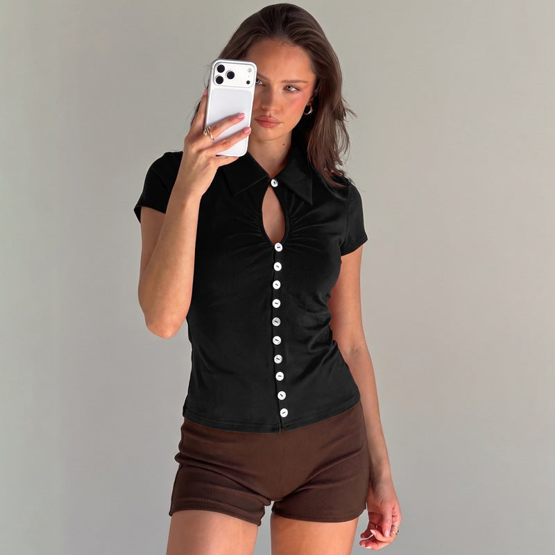 Women's Tasteful Short-Sleeve Shirt with Keyhole Neckline and Button Details