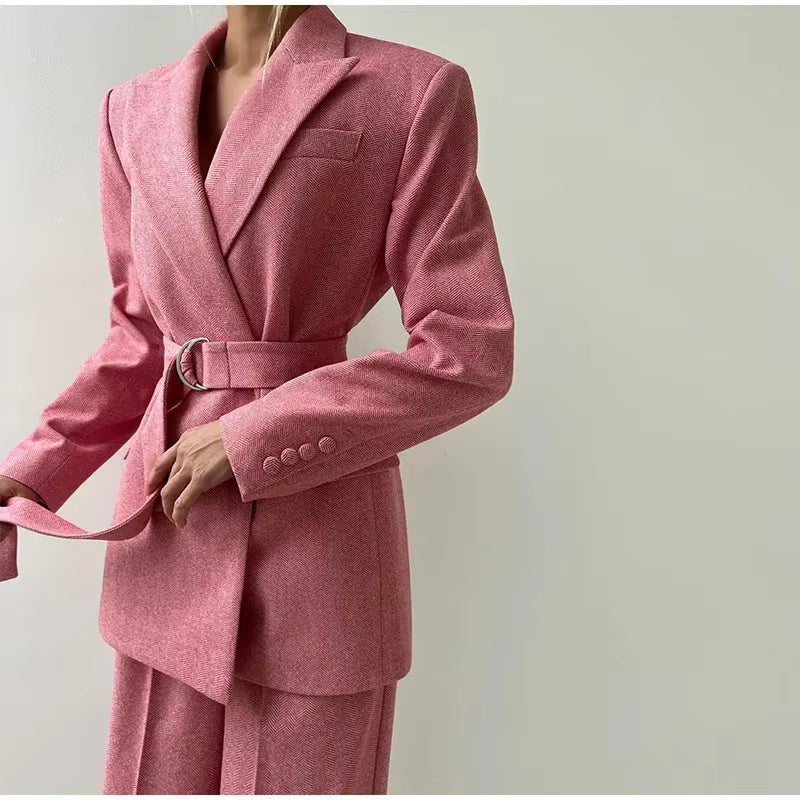 Women's Blazer with Waist Belt and Chic Lapel