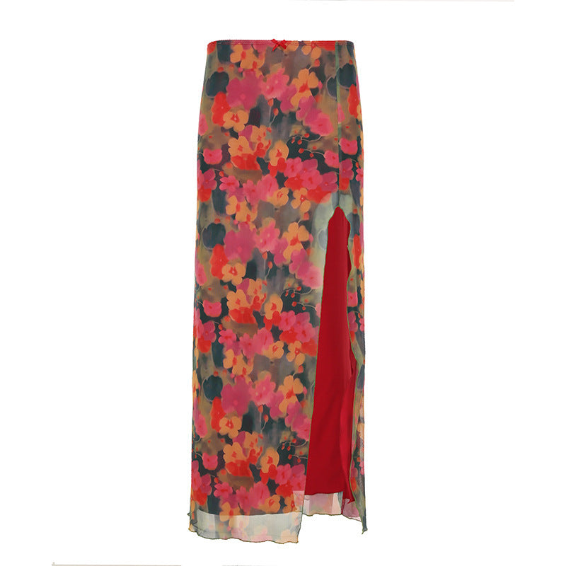 Women's Maxi Skirt with Floral Chiffon Design and Side Slit