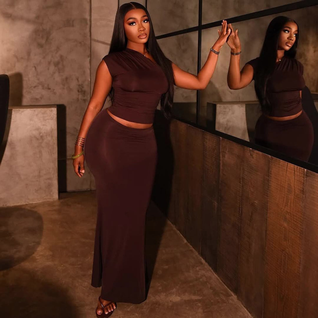 Women's Elegant Wrap Top and Form-Fitting Maxi Skirt Combination