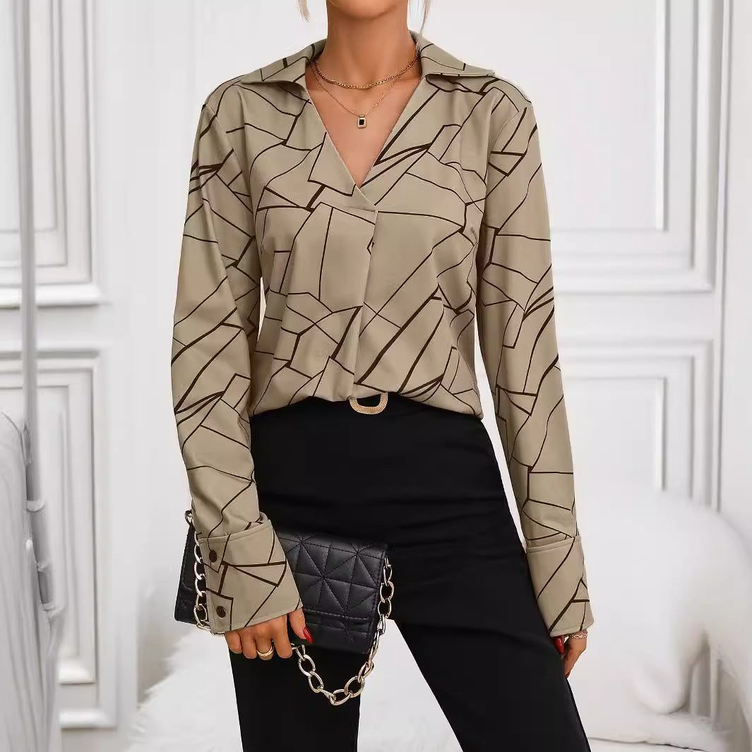 Women's Button-Down Blouse with Stylish Geometric Design