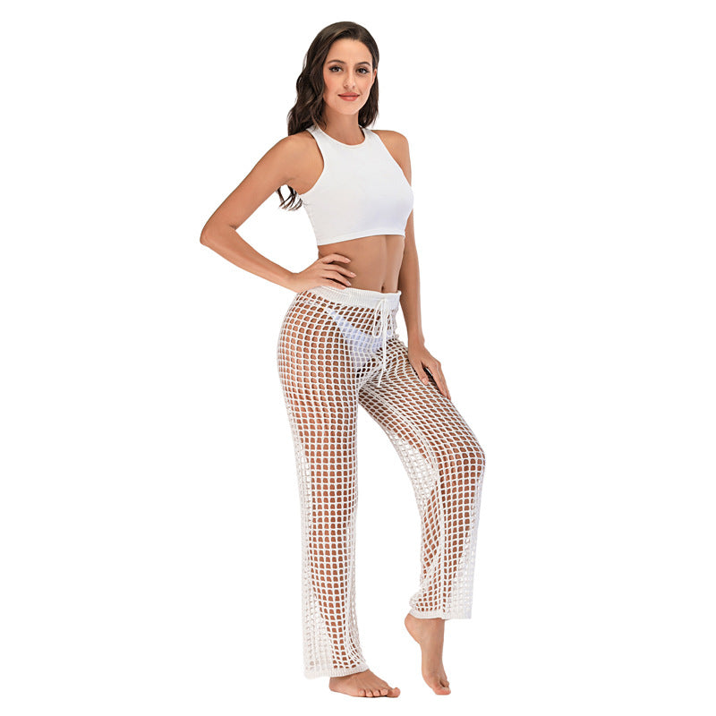 Women's High-Waist Crochet Beach Pants with Wide Leg