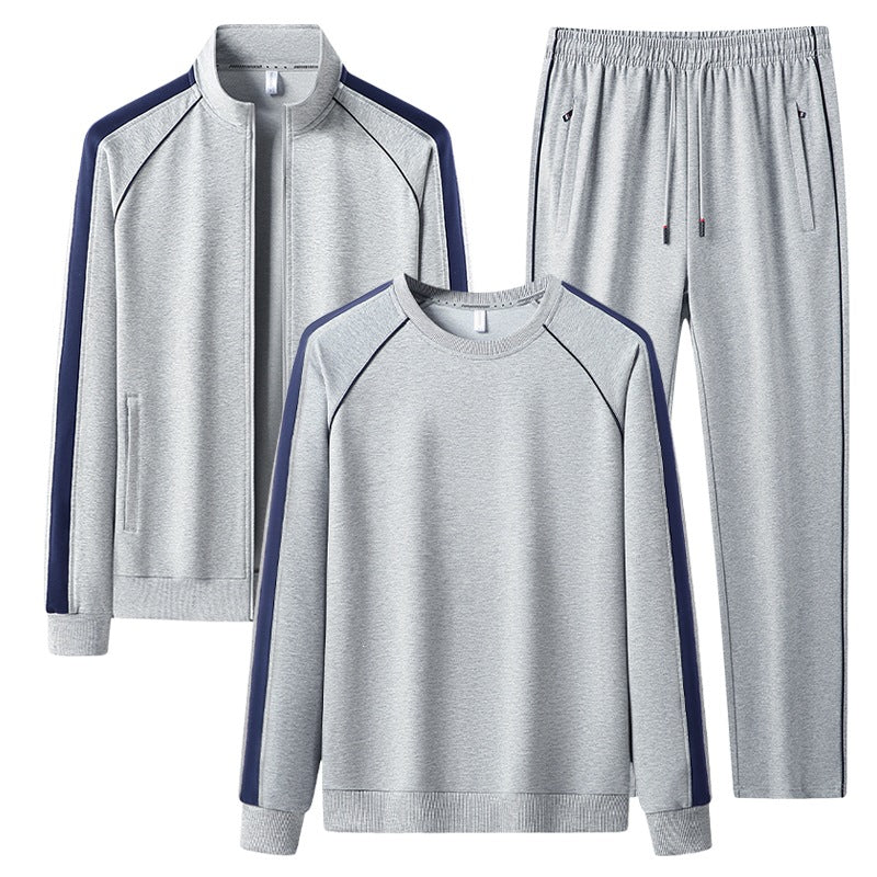 Men's two-piece training set with stand-up collar zip jacket, round neck sweatshirt, and tapered jogging pants