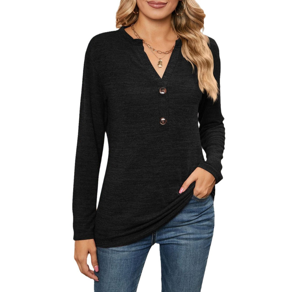 Women's Long-Sleeve Shirt with Button Placket and V-Neck
