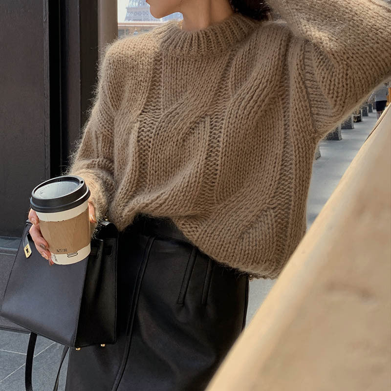 Women's Chunky Knit High-Neck Sweater with Wide Fit