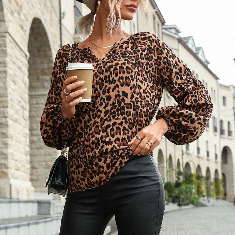 Women's Blouse in Trendy Animal Print with Casual Ruffle Sleeves