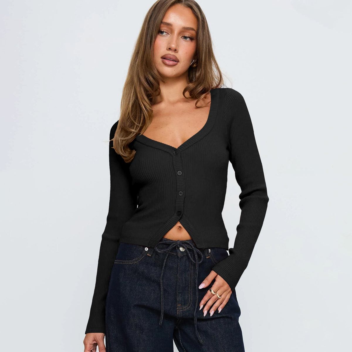 Women's Elegant Ribbed V-Neck Cardigan with Button Placket