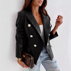 Women's Elegant Double-Breasted Faux Leather Blazer