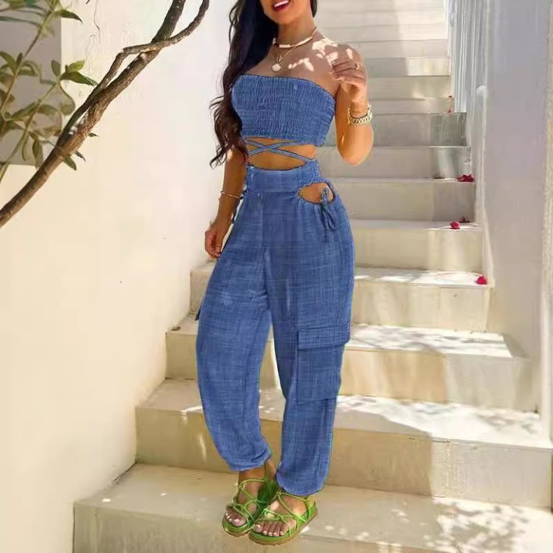 Women's Fashionable Two-Piece Set with Crop Top and Cargo Pants