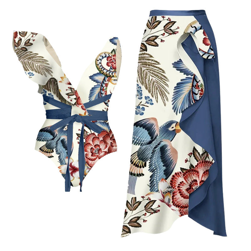 Women's Floral Ruffle Swimsuit Set with High-Waisted Shorts