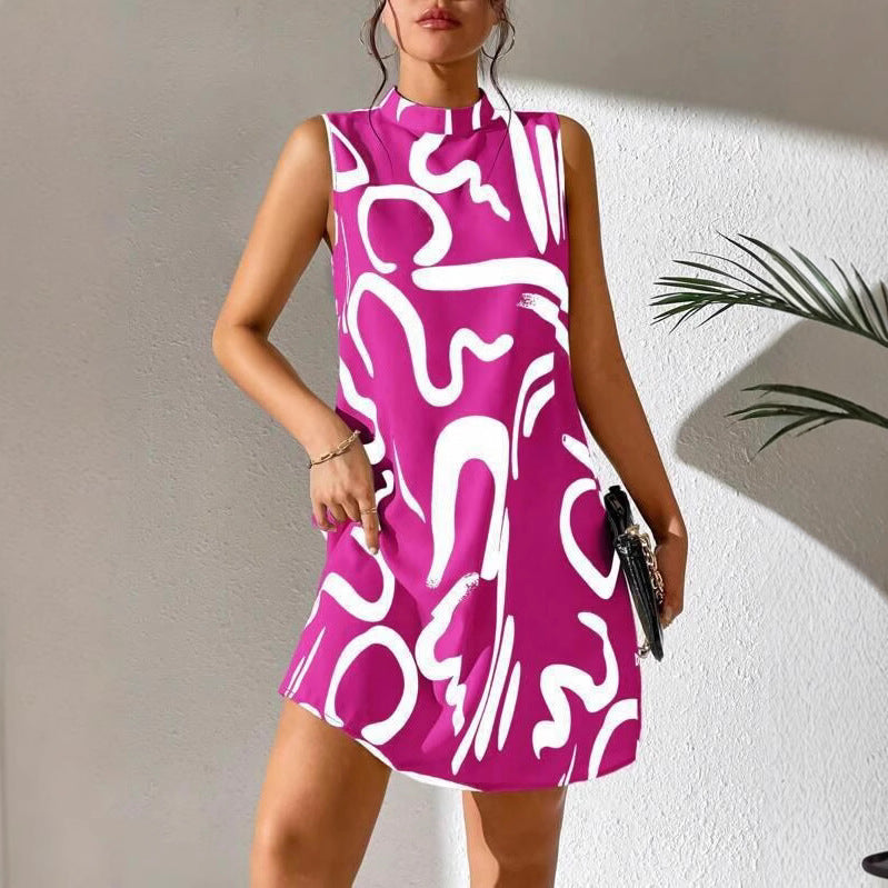 Women's A-Line Mini Dress with Modern Graphic Pattern and Stand-Up Collar