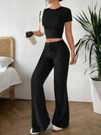 Women's Casual Lounge Set with Crop Top and Wide-Leg Pants