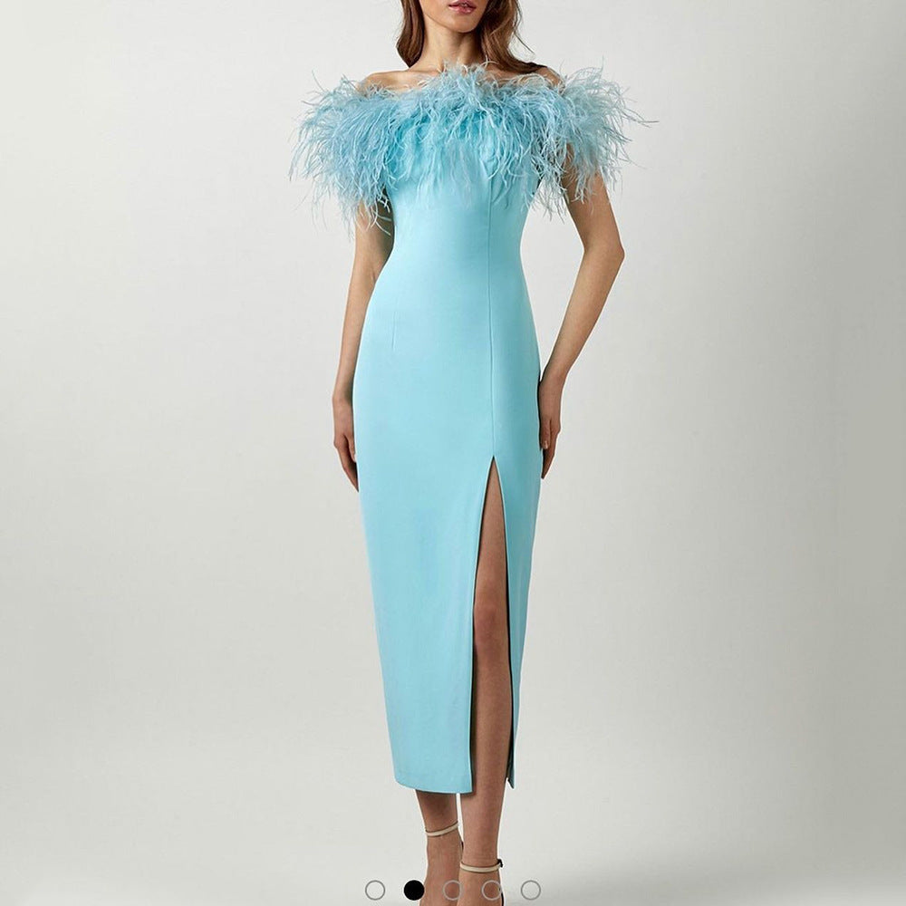 Evening Dress with Feather-Trimmed Bodice