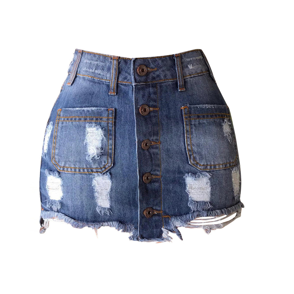 Women's Denim Skirt with Button Closure and Destroyed Details