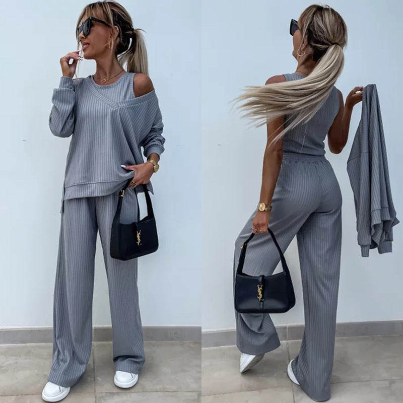 Women's Elegant Ribbed Knit Two-Piece Lounge Set with One-Shoulder Cut and Wide Palazzo Trousers