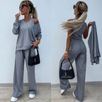 Women's Elegant Ribbed Knit Two-Piece Lounge Set with One-Shoulder Cut and Wide Palazzo Trousers