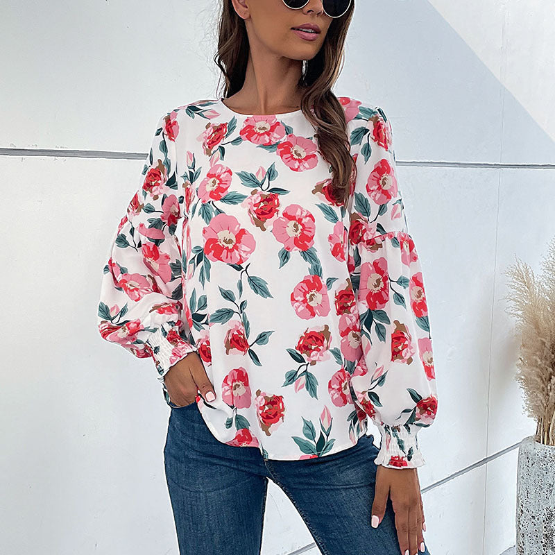 Women's Floral Print Blouse with Voluminous Sleeves