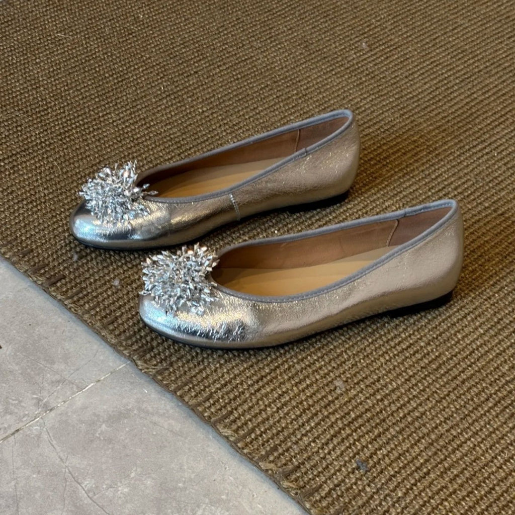 Women's Ballet Flats with Unique Floral Decor and Glossy Finish