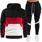 Men's sporty hoodie and jogger set with contrast trims, kangaroo pocket, elastic waistband, and tapered leg