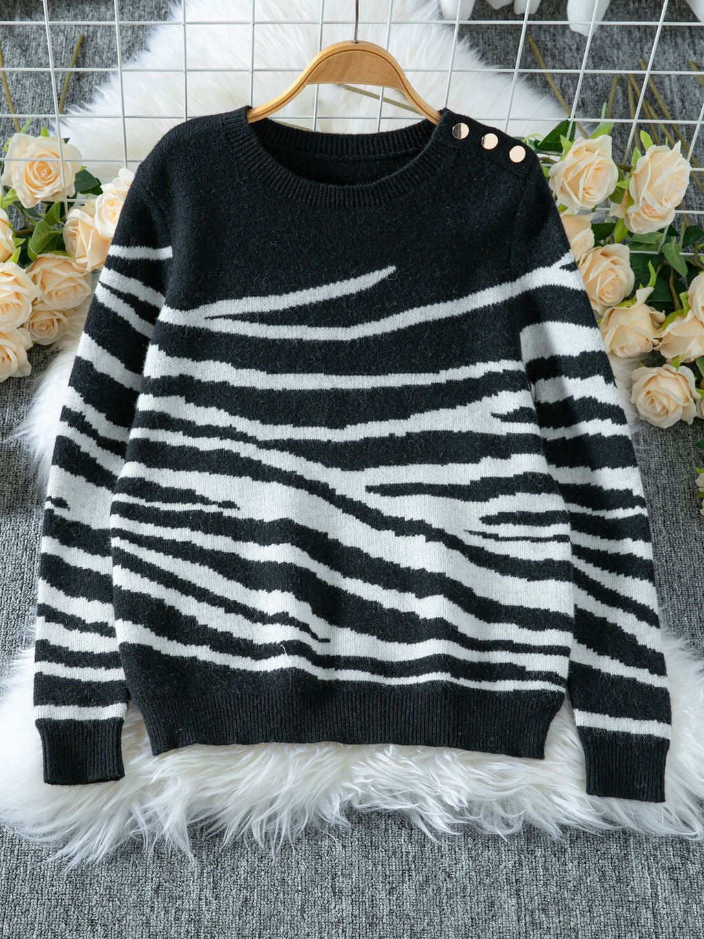 Women's Cozy Knit Sweater with Modern Zebra Stripe Pattern and Comfortable Fit