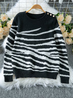 Women's Cozy Knit Sweater with Modern Zebra Stripe Pattern and Comfortable Fit
