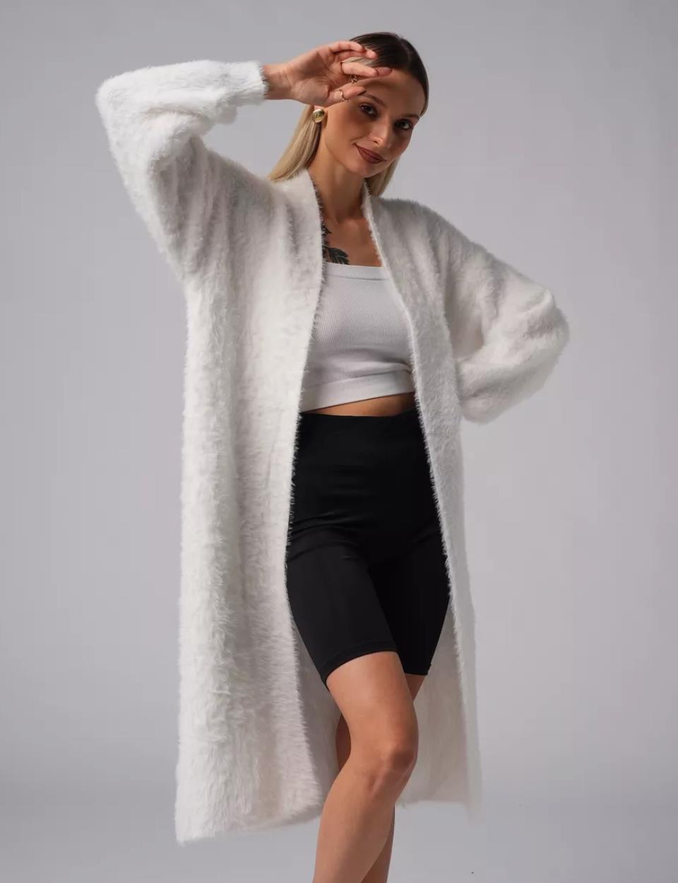 Women's Fluffy Long Knit Coat with Side Slit and Loose Fit