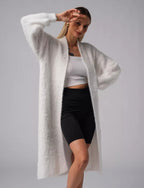 Women's Fluffy Long Knit Coat with Side Slit and Loose Fit