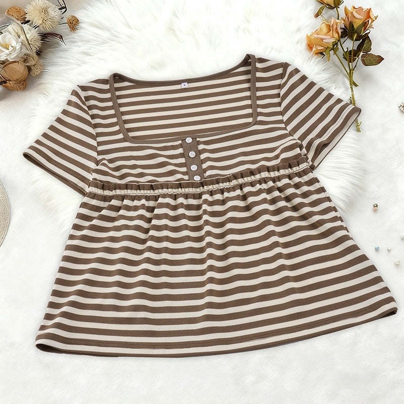 Women's Short-Sleeve Blouse with Gathered Hem and Button Placket