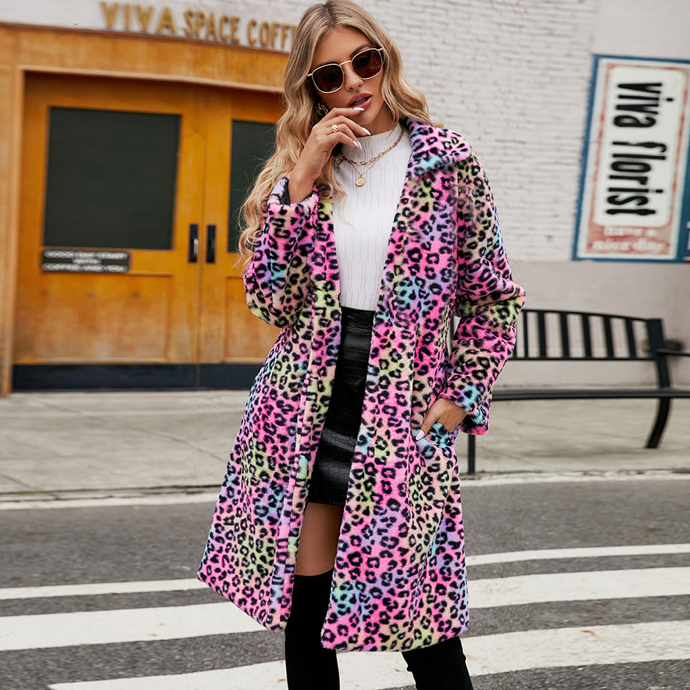 Women's Fluffy Leopard Print Plush Coat