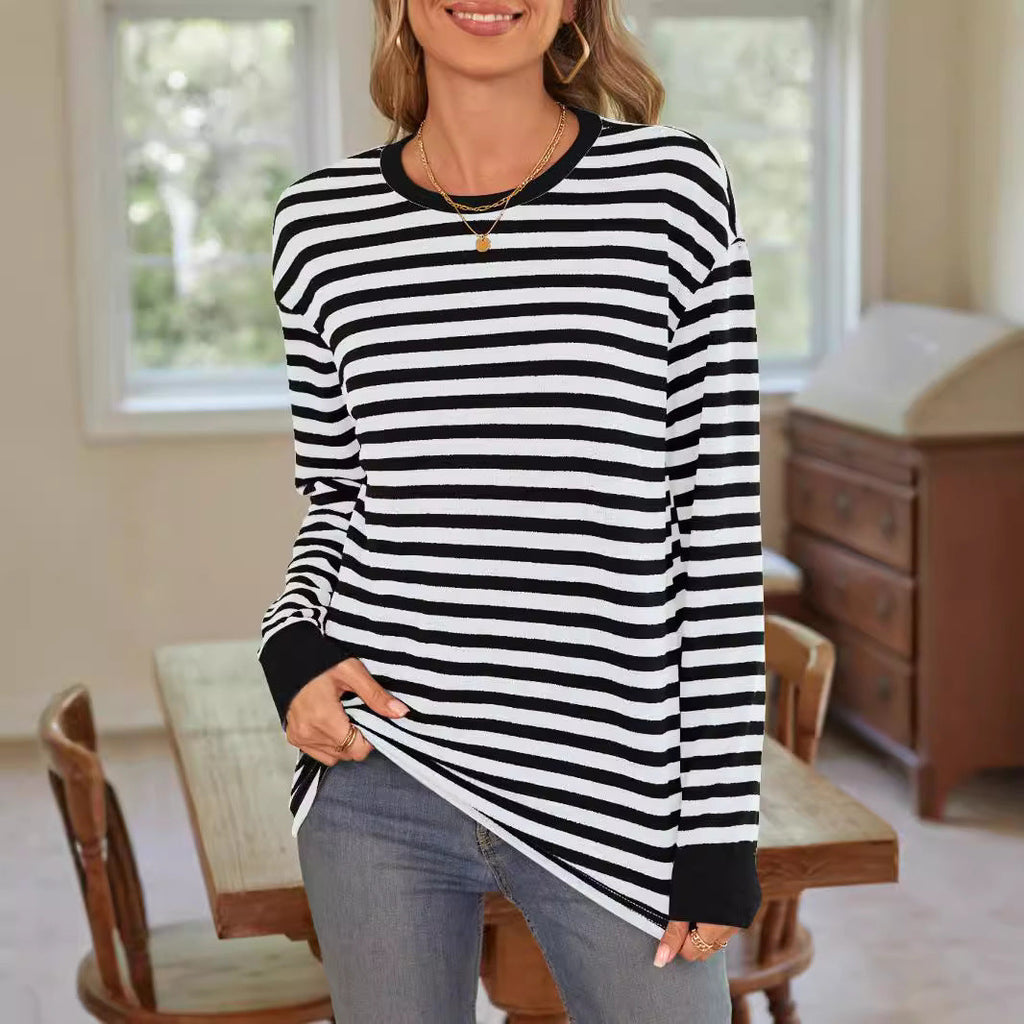Women's Striped Long-Sleeve Shirt with Crew Neck