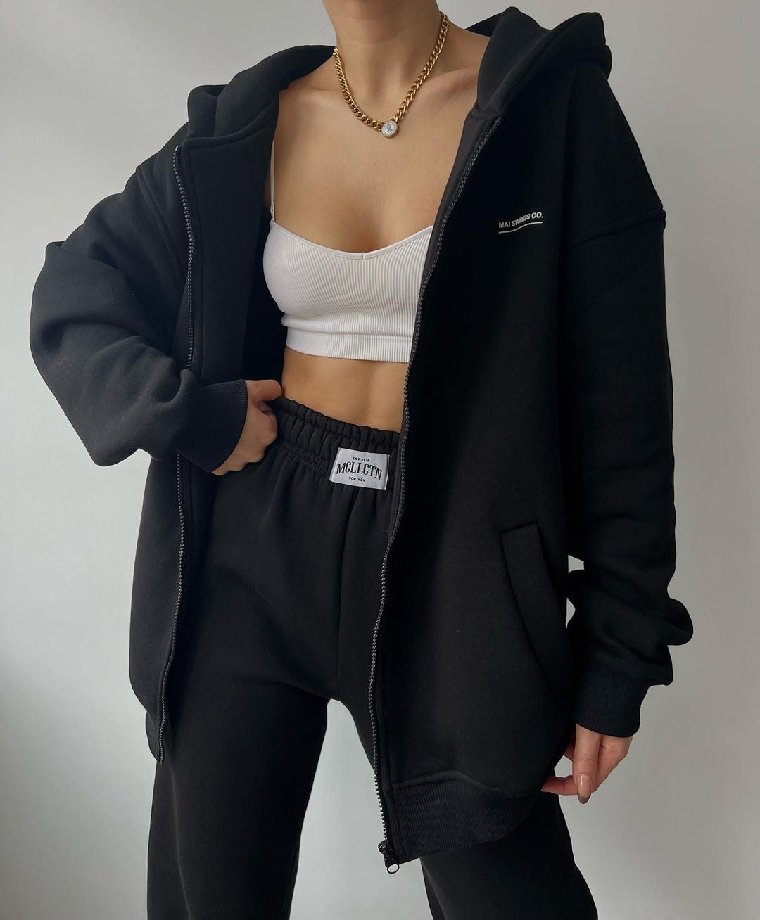 Women's Oversized Hooded Sweat Jacket and High-Waist Jogging Pants Set