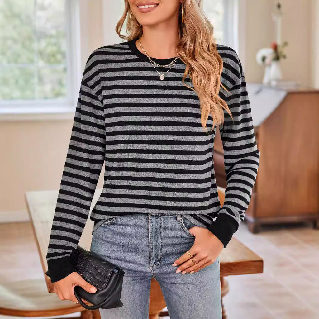 Women's Striped Long-Sleeve Shirt with Crew Neck