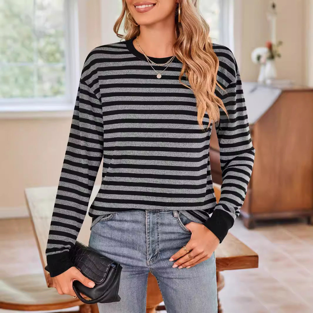 Women's Striped Long-Sleeve Shirt with Crew Neck