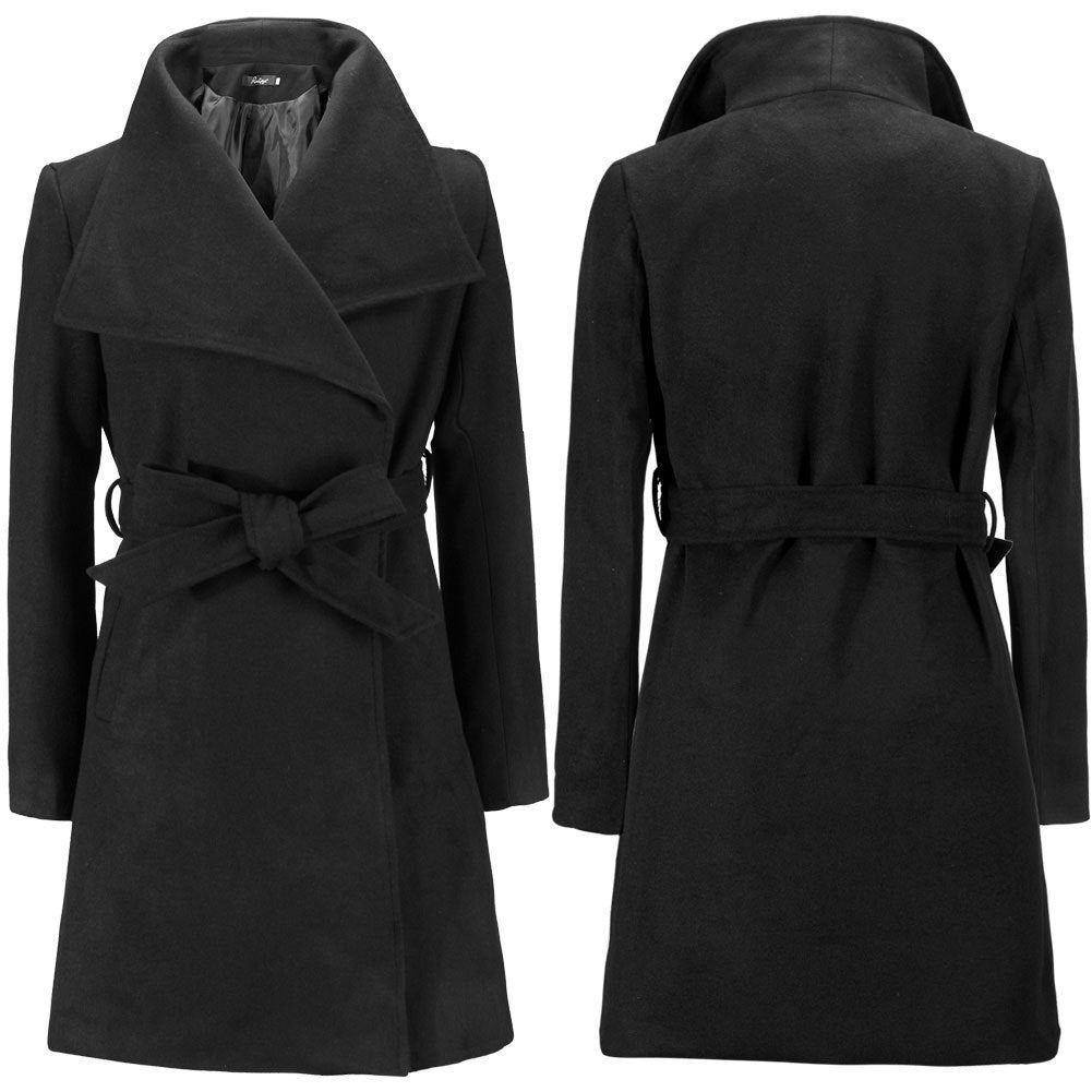 Women's Fashionable Wrap Coat with Wide Lapel