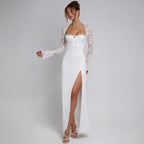 Women's Elegant Maxi Dress with Transparent Lace Surface and Side Slit