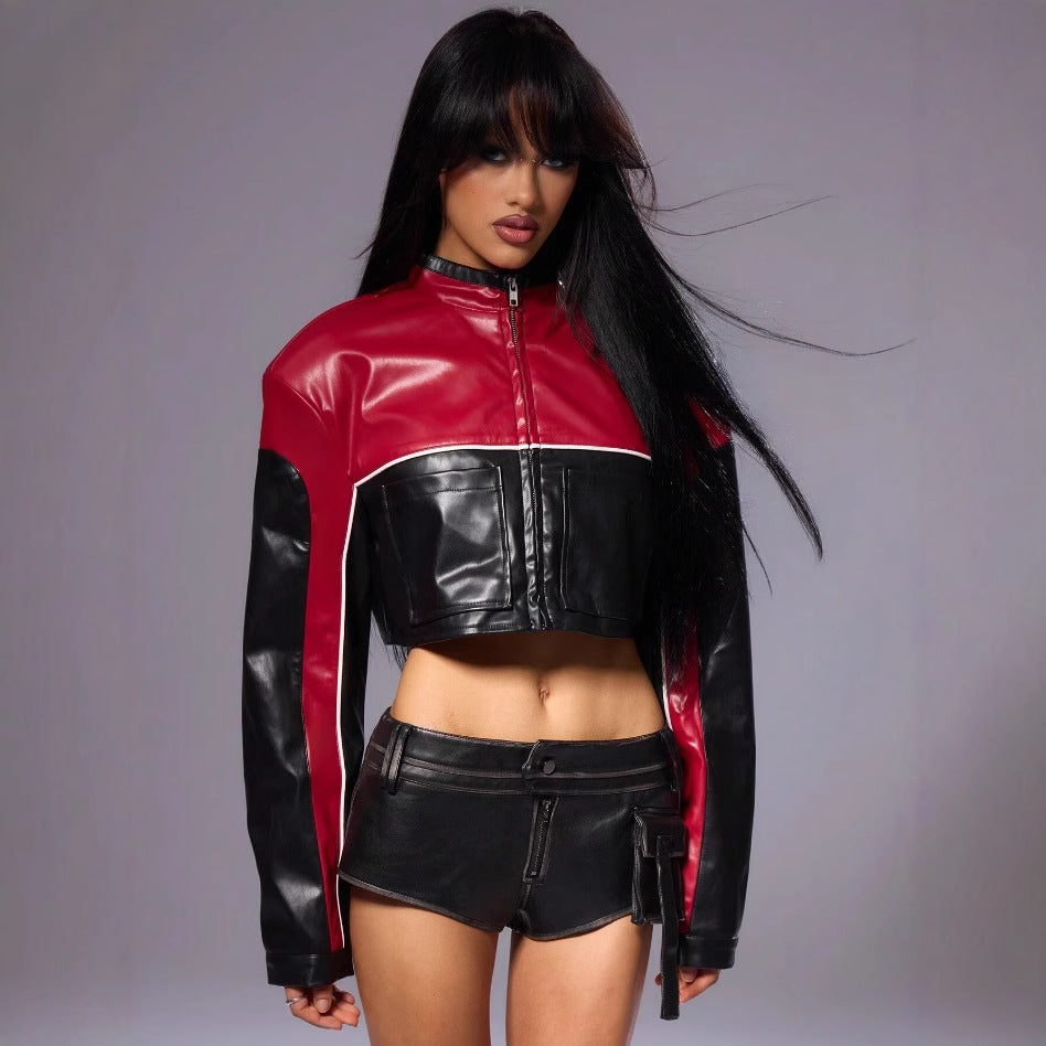 Women's Cropped Biker Jacket with Contrasting Sleeves