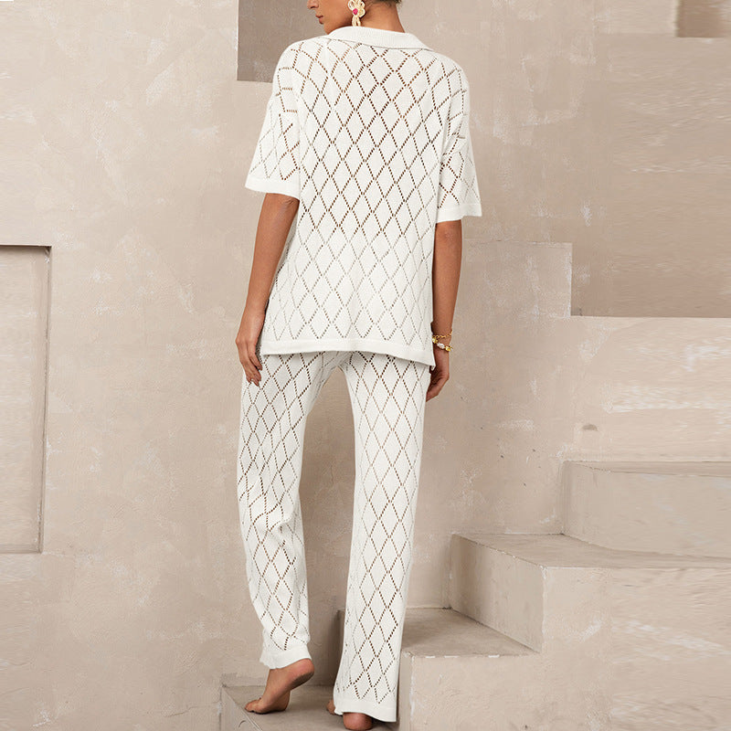 Elegant Knit Suit with Diamond Pattern