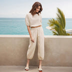 Women's Fashionable Two-Piece Set with Elastic Waist and Stylish Puff Sleeves