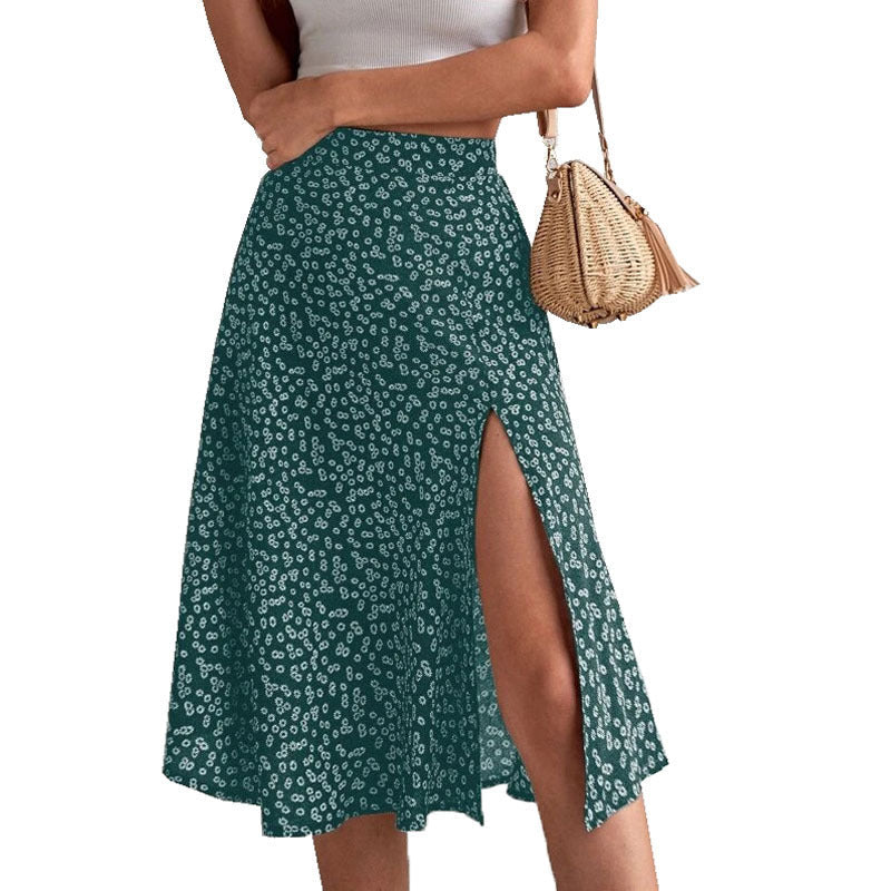 Women's Midi Skirt with Side Slit and Floral Print
