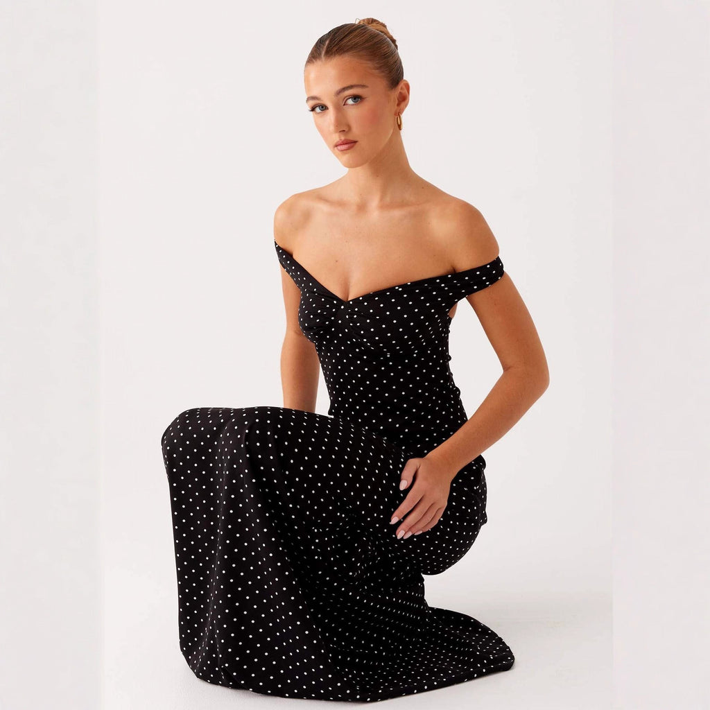 Off-Shoulder Evening Dress with Polka Dot Pattern