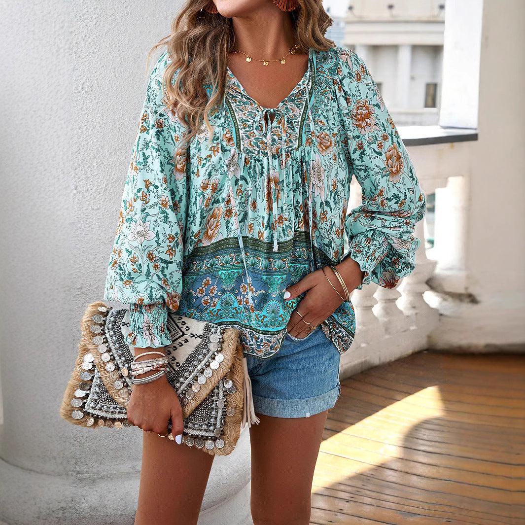 Women's Boho Blouse with Bow Detail and Floral Print