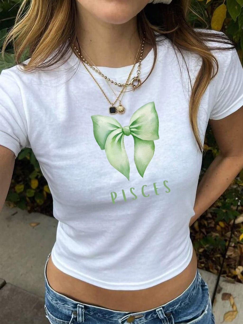 Women's Crop Shirt with Bow Motif and Astrological Print