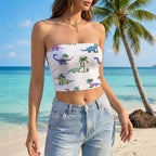 Women's Bandeau Top with Playful Dinosaur Motif and Elastic Cut