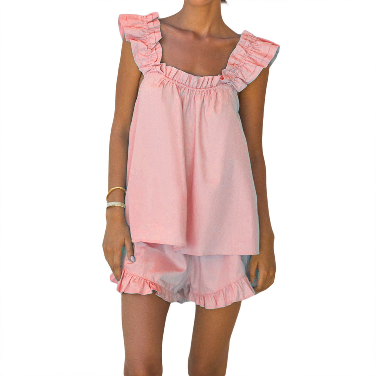 Women's Airy Top with Ruffle Details and Casual Shorts