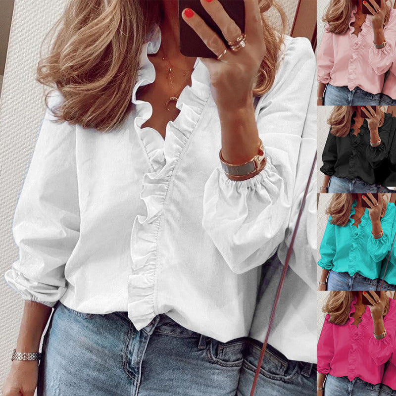 Women's Blouse with Ruffle Details and Stand-up Collar