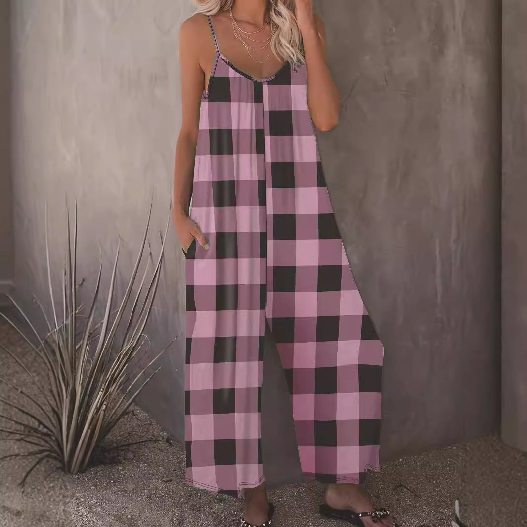 Women's Casual Plaid Jumpsuit with Pockets