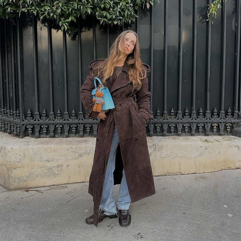 Women's Elegant Long Suede Trench Coat