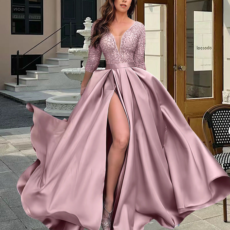 Elegant Evening Dress with Deep V-Neck and Side Slit