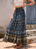Women's Maxi Skirt with Playful Paisley Pattern and Ruffle Details