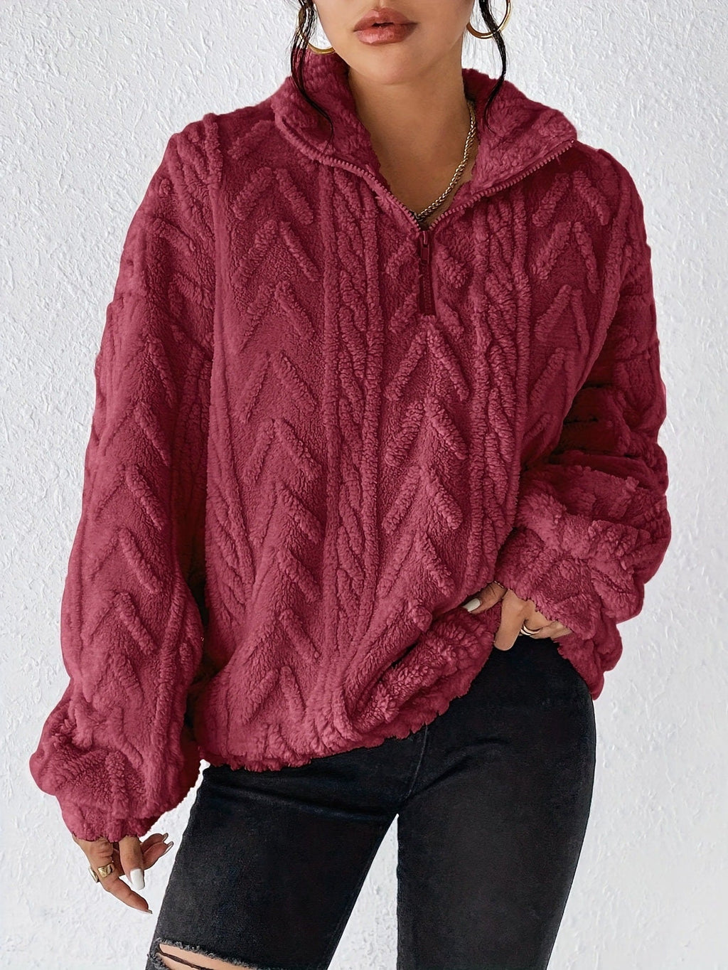 Women's High-Neck Textured Fleece Pullover